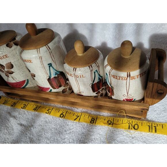 Set 4 Vintage ROYAL SEALY Jamaican Condiment Jar Wood Shelf BBQ Japan MCM - Picture 9 of 9